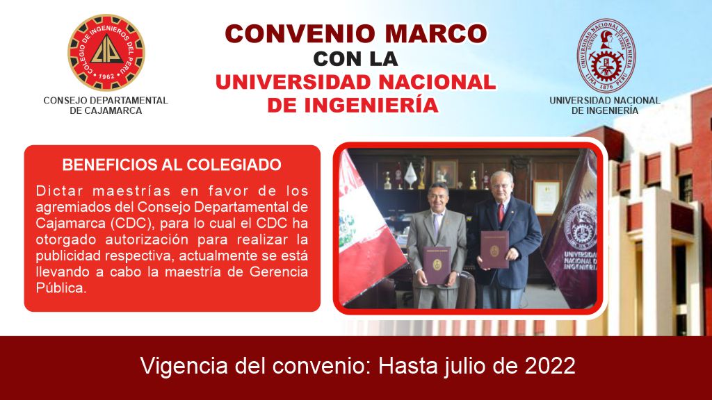 El Consejo Departamental de Cajamarca, firmó convenio con la UNI
