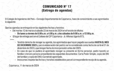 COMUNICADO 17 – Entrega de agenda al Ingeniero colegiado y habilitado
