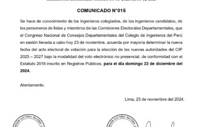 Comunicado N° 15 – Nueva fecha de elecciones generales del Colegio de Ingenieros del Perú