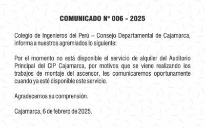 COMUNICADO N° 006 – 2025: No está disponible el alquiler del Auditorio Principal